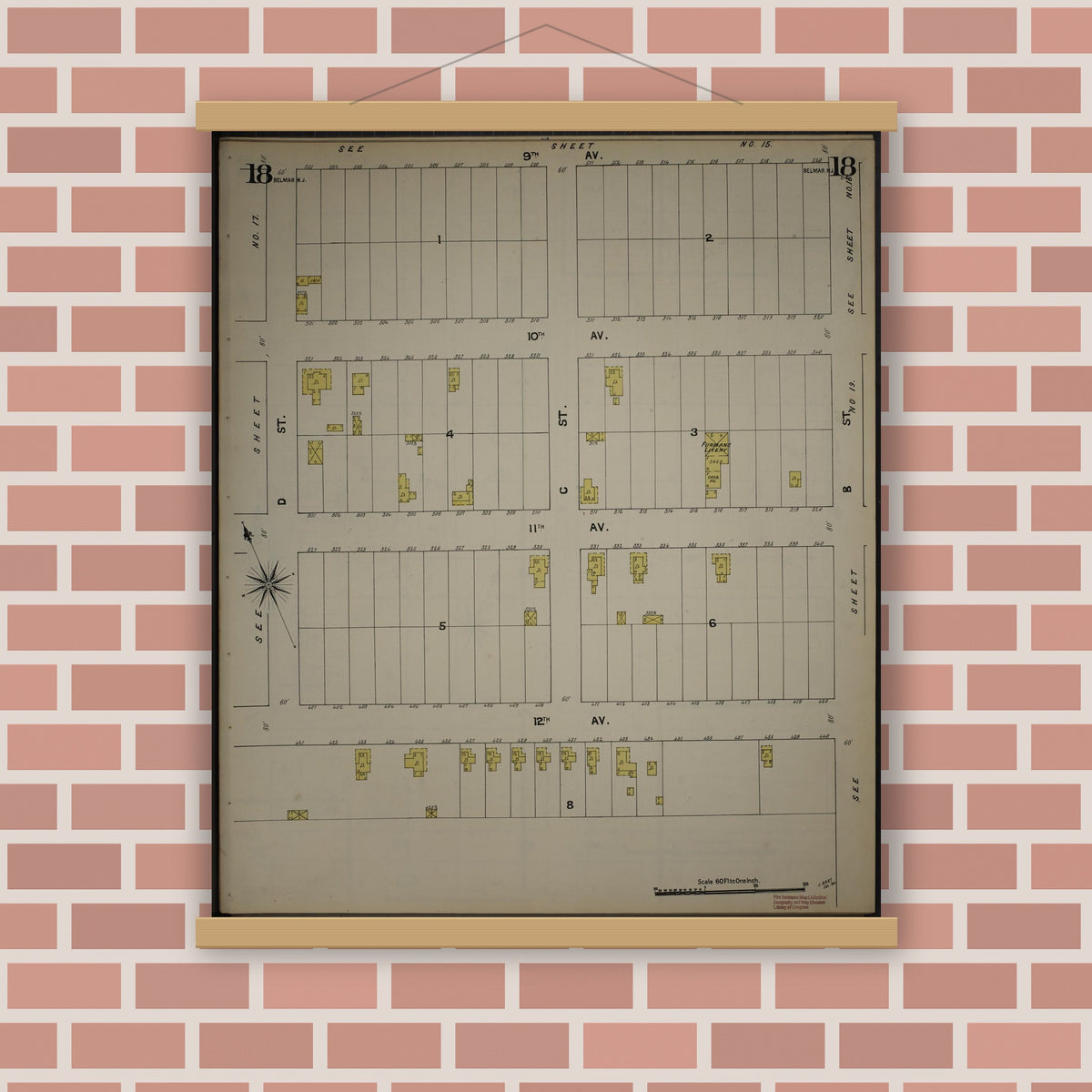 Old map wall art mockup — magnetic wood frame on brick wall — Sanborn Fire Insurance Map from New Jersey Coast, New Jersey Coast, New Jersey (1890), Sheet #0018