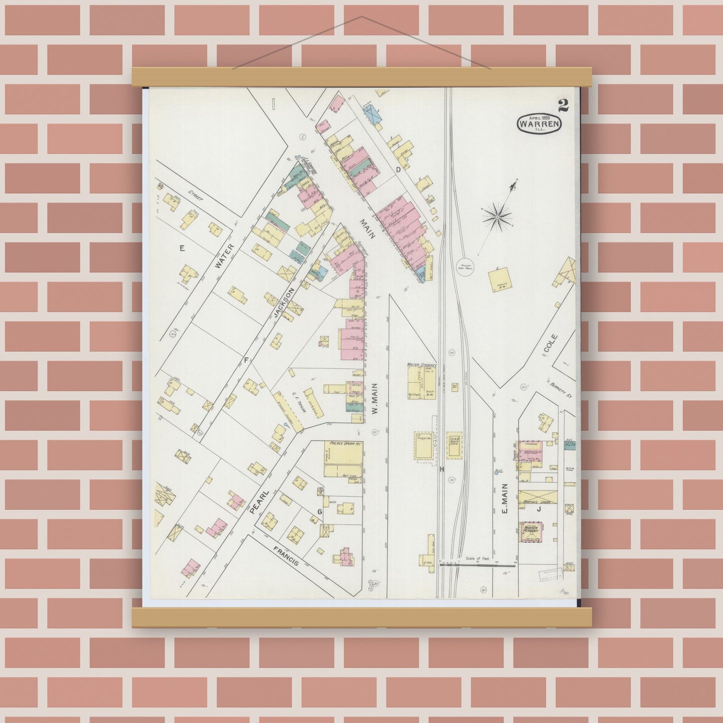 Old map wall art mockup — magnetic wood frame on brick wall — Sanborn Fire Insurance Map from Warren, Jo Daviess County, Illinois (1893), Sheet #0002