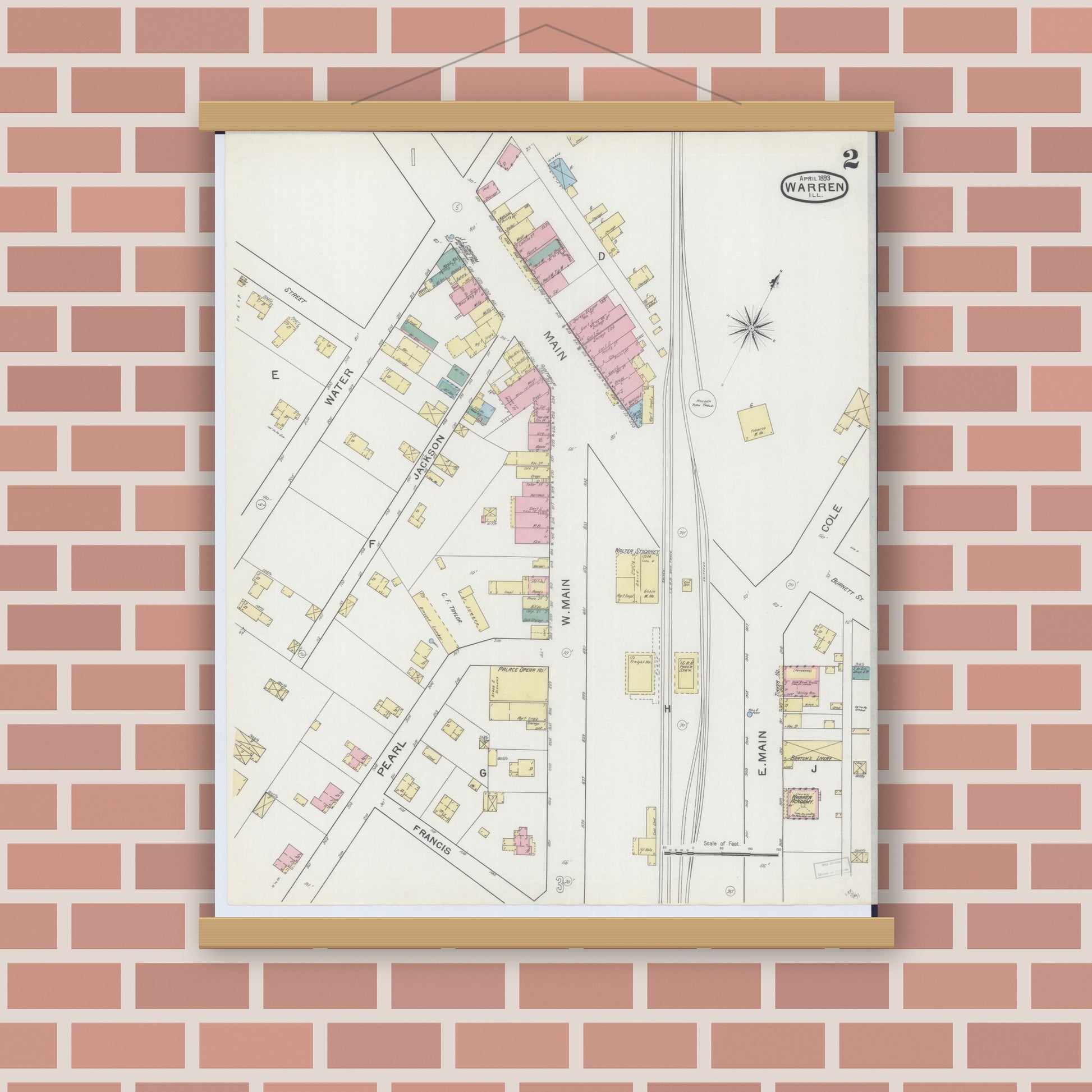 Old map wall art mockup — magnetic wood frame on brick wall — Sanborn Fire Insurance Map from Warren, Jo Daviess County, Illinois (1893), Sheet #0002