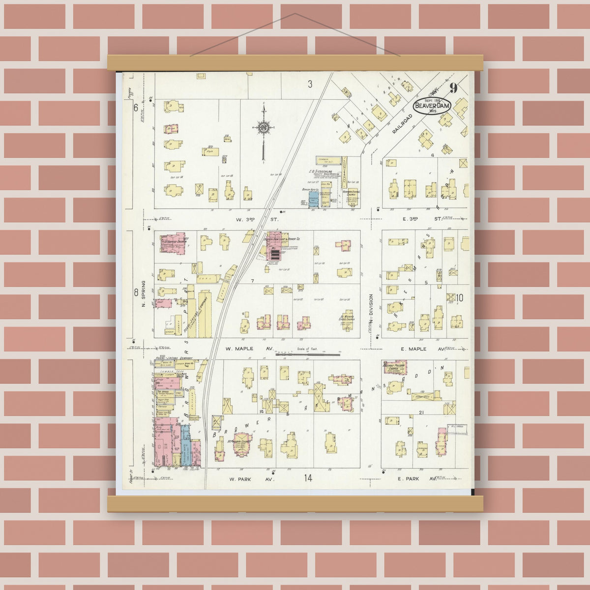 Old map wall art mockup — magnetic wood frame on brick wall — Sanborn Fire Insurance Map from Beaver Dam, Dodge County, Wisconsin (1914), Sheet #0009