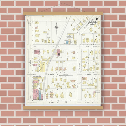 Old map wall art mockup — magnetic wood frame on brick wall — Sanborn Fire Insurance Map from Beaver Dam, Dodge County, Wisconsin (1914), Sheet #0009