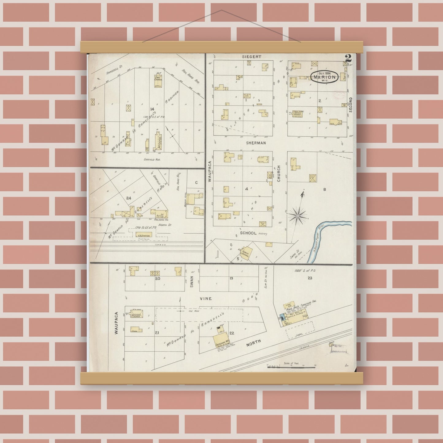 Old map wall art mockup — magnetic wood frame on brick wall — Sanborn Fire Insurance Map from Marion, Waupaca County, Wisconsin (1894), Sheet #0002