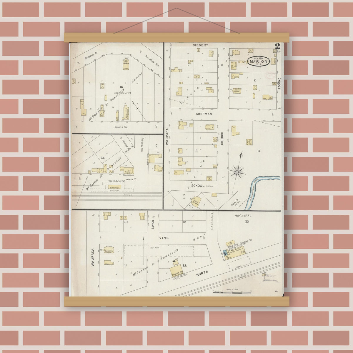 Old map wall art mockup — magnetic wood frame on brick wall — Sanborn Fire Insurance Map from Marion, Waupaca County, Wisconsin (1894), Sheet #0002