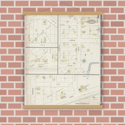 Old map wall art mockup — magnetic wood frame on brick wall — Sanborn Fire Insurance Map from Marion, Waupaca County, Wisconsin (1894), Sheet #0002