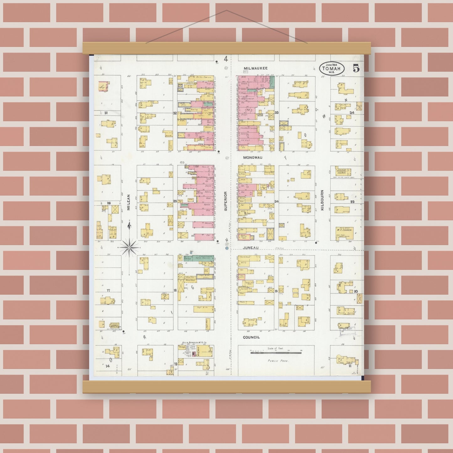 Old map wall art mockup — magnetic wood frame on brick wall — Sanborn Fire Insurance Map from Tomah, Monroe County, Wisconsin (1904), Sheet #0005
