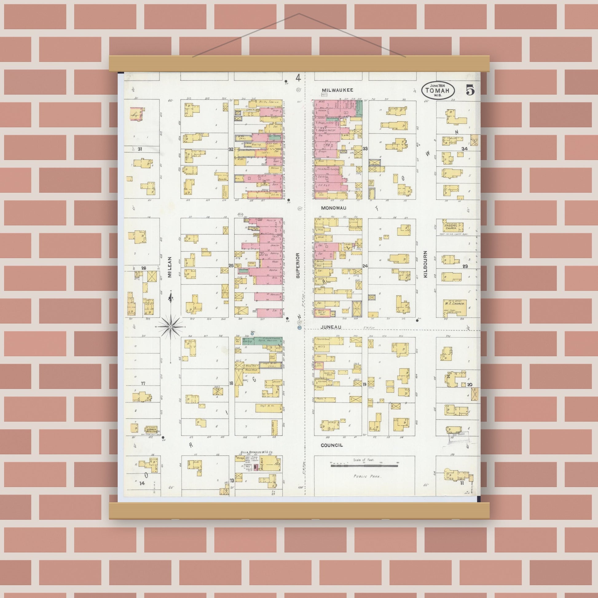 Old map wall art mockup — magnetic wood frame on brick wall — Sanborn Fire Insurance Map from Tomah, Monroe County, Wisconsin (1904), Sheet #0005