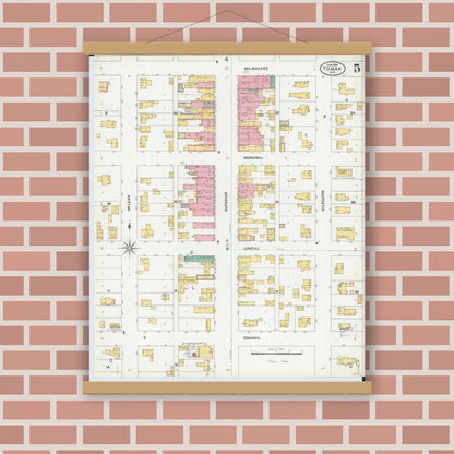 Old map wall art mockup — magnetic wood frame on brick wall — Sanborn Fire Insurance Map from Tomah, Monroe County, Wisconsin (1904), Sheet #0005