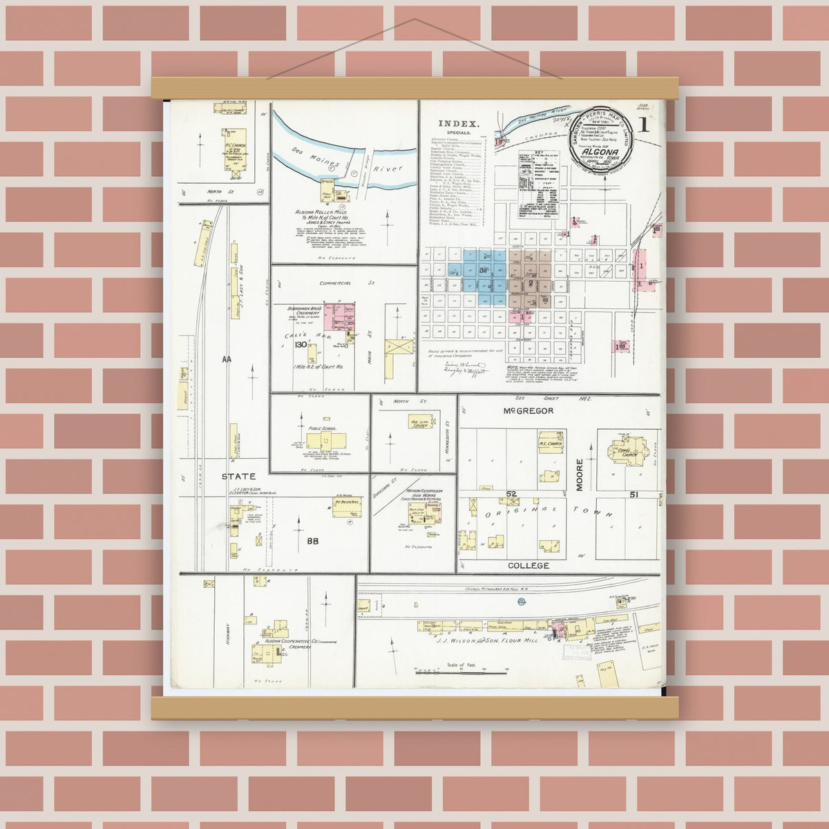 Old map wall art mockup — magnetic wood frame on brick wall — Sanborn Fire Insurance Map from Algona, Kossuth County, Iowa (1892), Sheet #0001