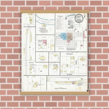 Old map wall art mockup — magnetic wood frame on brick wall — Sanborn Fire Insurance Map from Algona, Kossuth County, Iowa (1892), Sheet #0001