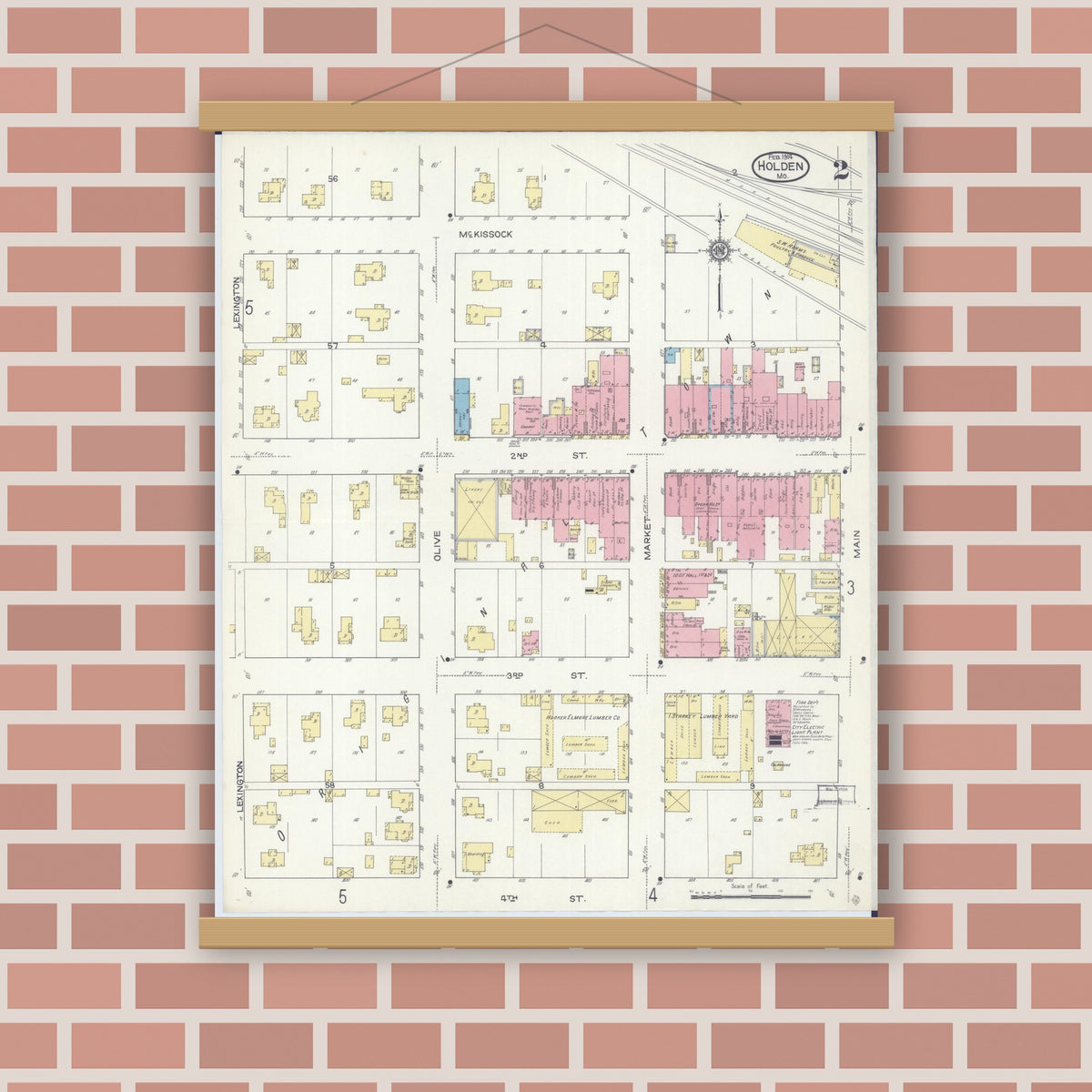 Old map wall art mockup — magnetic wood frame on brick wall — Sanborn Fire Insurance Map from Holden, Johnson County, Missouri (1914), Sheet #0002