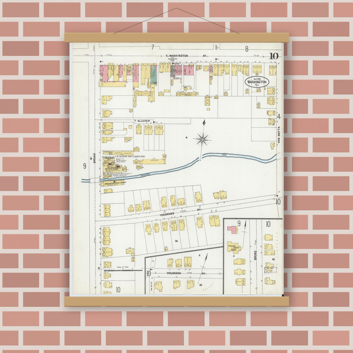 Old map wall art mockup — magnetic wood frame on brick wall — Sanborn Fire Insurance Map from Washington, Warren County, New Jersey (1902), Sheet #0010