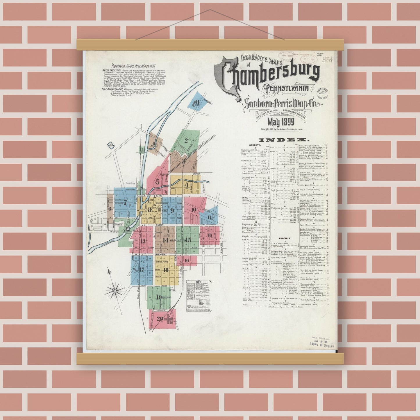 Old map wall art mockup — magnetic wood frame on brick wall — Sanborn Fire Insurance Map from Chambersburg, Franklin County, Pennsylvania (1899) - Complete Map Set
