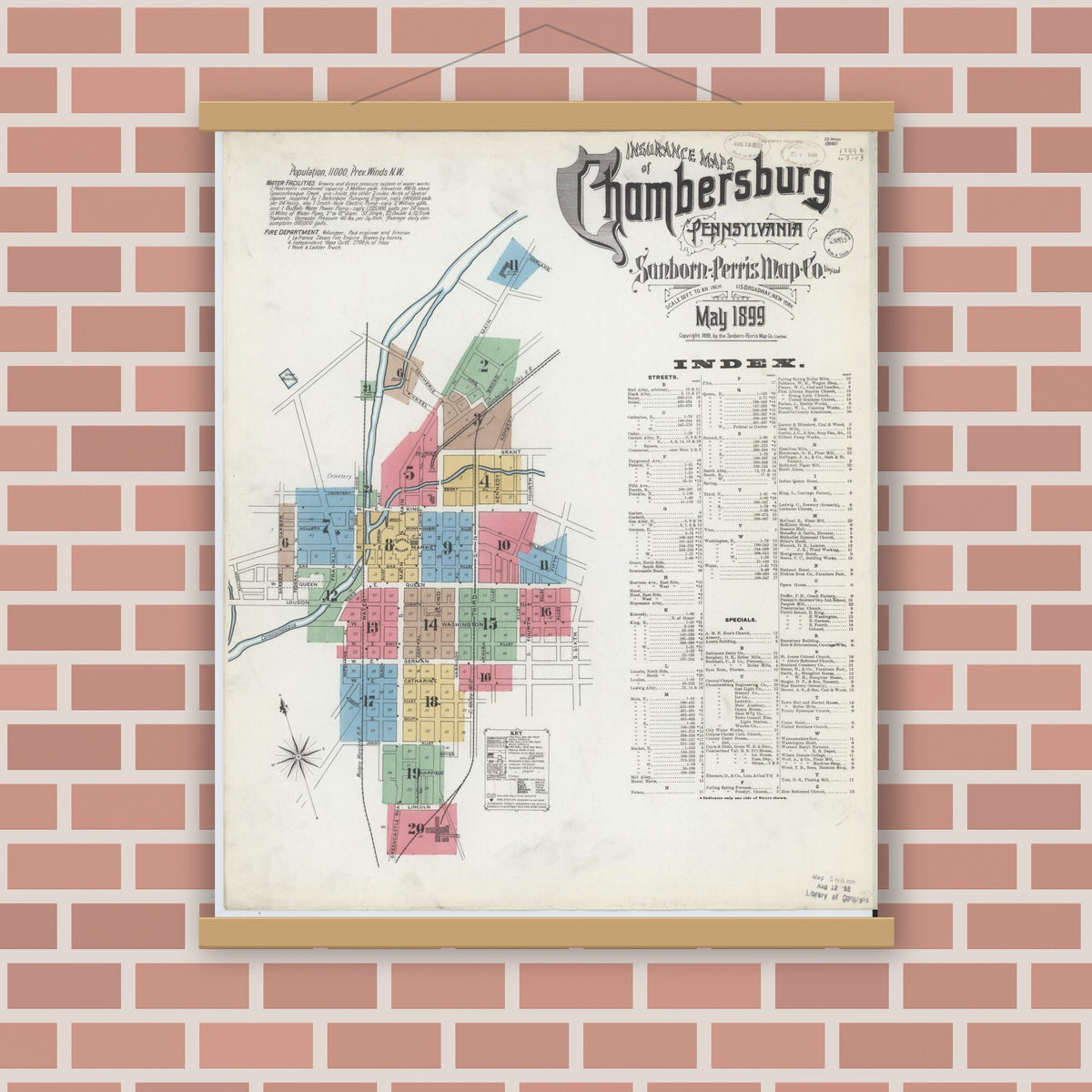 Old map wall art mockup — magnetic wood frame on brick wall — Sanborn Fire Insurance Map from Chambersburg, Franklin County, Pennsylvania (1899) - Complete Map Set