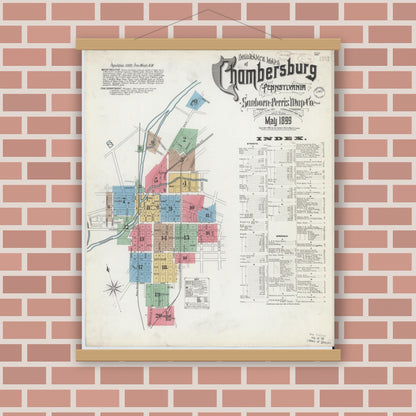 Old map wall art mockup — magnetic wood frame on brick wall — Sanborn Fire Insurance Map from Chambersburg, Franklin County, Pennsylvania (1899) - Complete Map Set