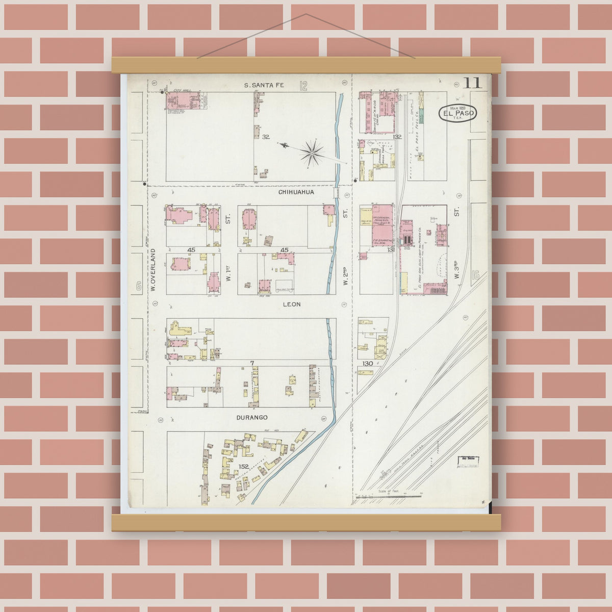 Old map wall art mockup — magnetic wood frame on brick wall — Sanborn Fire Insurance Map from El Paso, El Paso County, Texas (1893), Sheet #0011
