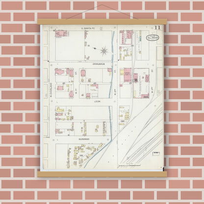 Old map wall art mockup — magnetic wood frame on brick wall — Sanborn Fire Insurance Map from El Paso, El Paso County, Texas (1893), Sheet #0011