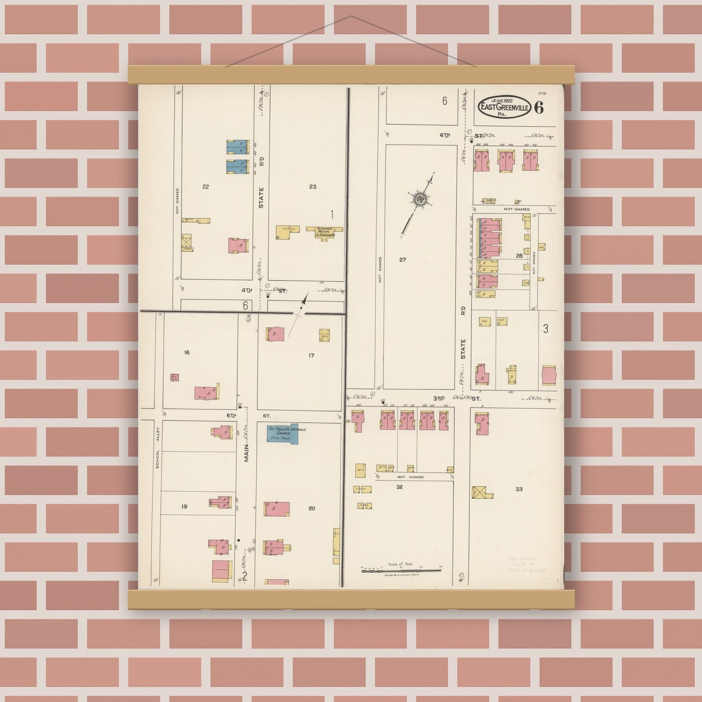 Old map wall art mockup — magnetic wood frame on brick wall — Sanborn Fire Insurance Map from East Greenville, Montgomery County, Pennsylvania (1922), Sheet #0006