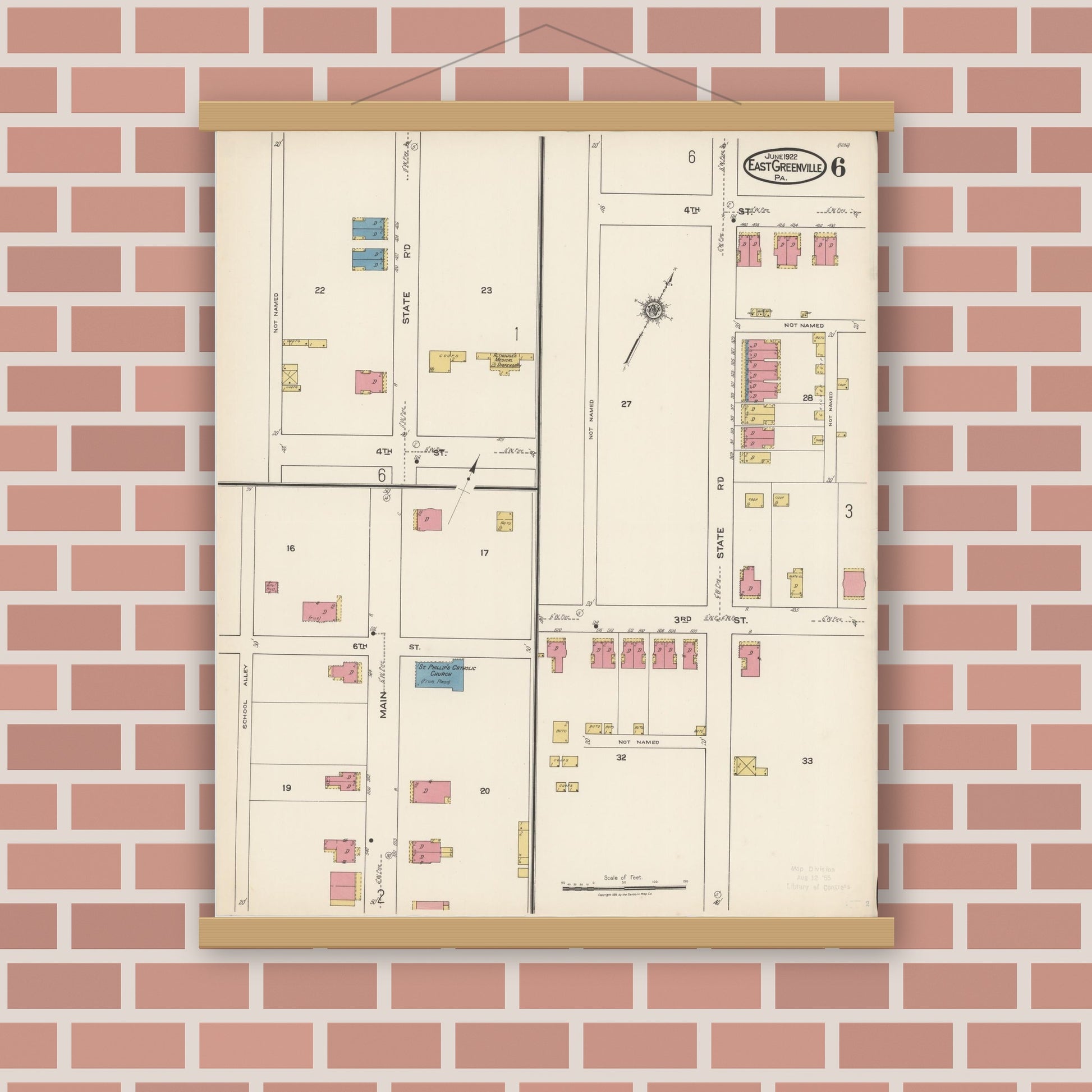 Old map wall art mockup — magnetic wood frame on brick wall — Sanborn Fire Insurance Map from East Greenville, Montgomery County, Pennsylvania (1922), Sheet #0006