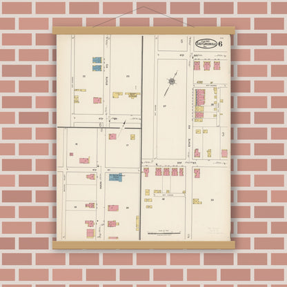 Old map wall art mockup — magnetic wood frame on brick wall — Sanborn Fire Insurance Map from East Greenville, Montgomery County, Pennsylvania (1922), Sheet #0006
