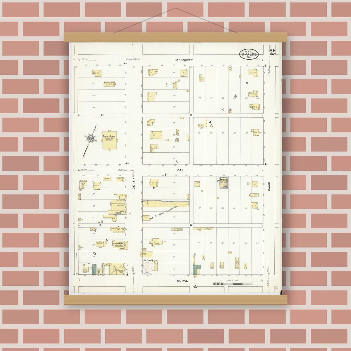 Old map wall art mockup — magnetic wood frame on brick wall — Sanborn Fire Insurance Map from Uvalde, Uvalde County, Texas (1910), Sheet #0002