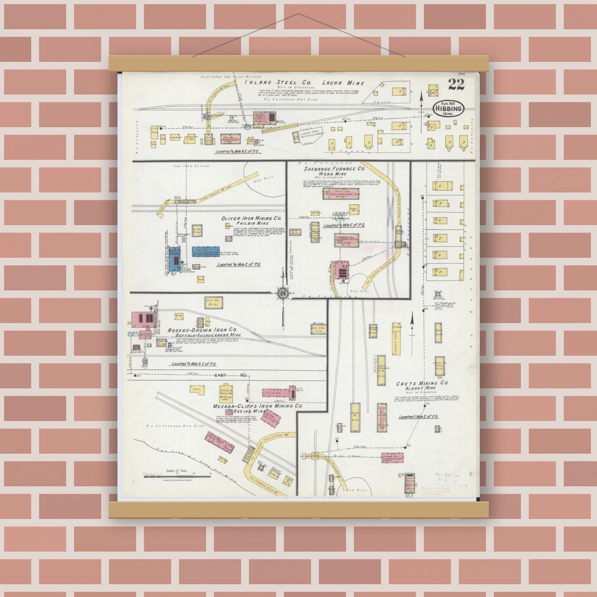 Old map wall art mockup — magnetic wood frame on brick wall — Sanborn Fire Insurance Map from Hibbing, Saint Louis County, Minnesota (1921), Sheet #0022