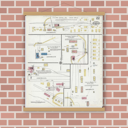 Old map wall art mockup — magnetic wood frame on brick wall — Sanborn Fire Insurance Map from Hibbing, Saint Louis County, Minnesota (1921), Sheet #0022