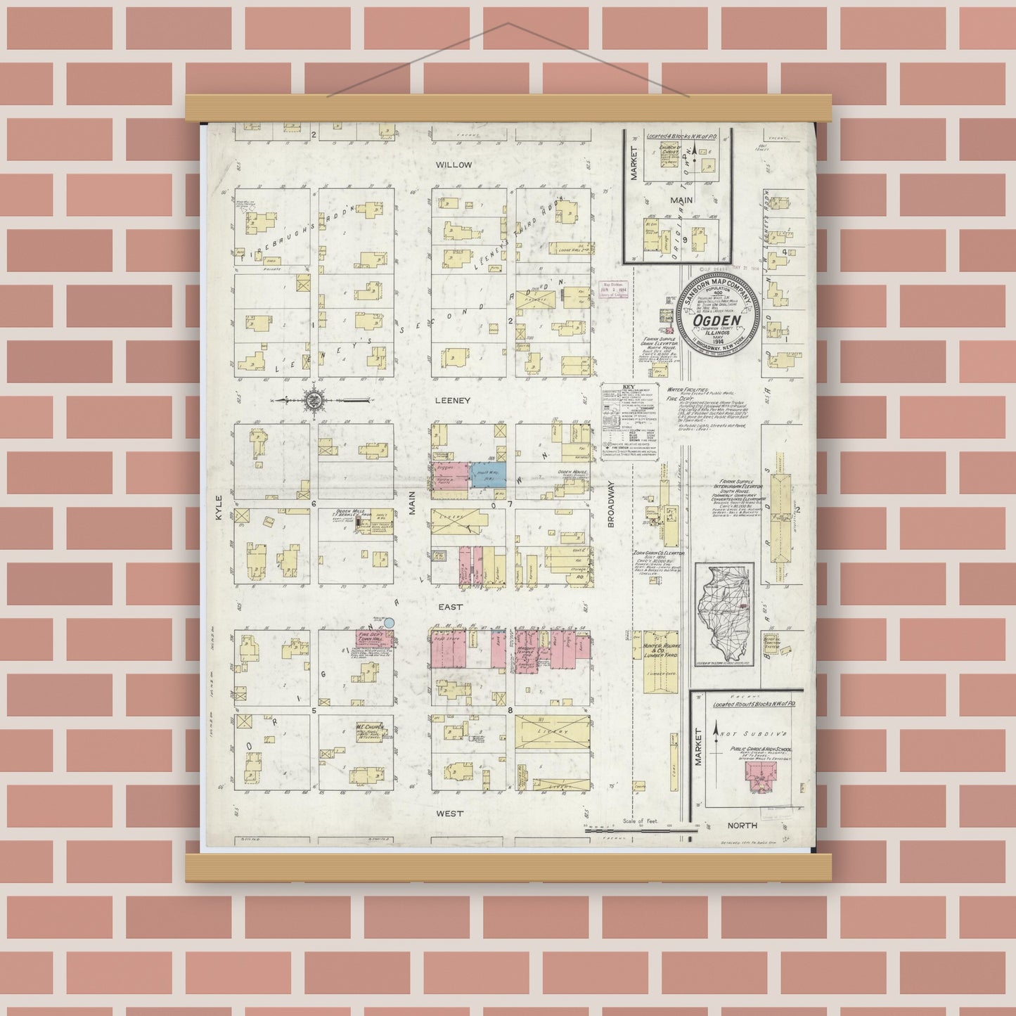 Old map wall art mockup — magnetic wood frame on brick wall — Sanborn Fire Insurance Map from Ogden, Champaign County, Illinois (1914), Sheet #0001