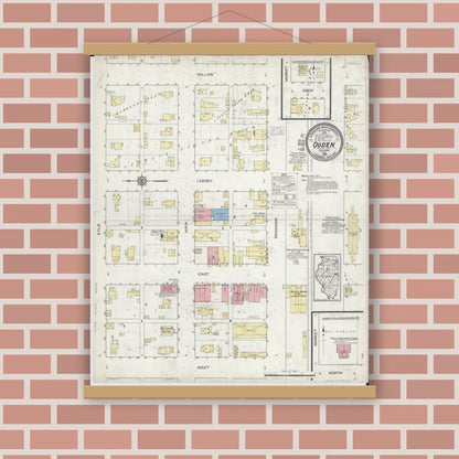 Old map wall art mockup — magnetic wood frame on brick wall — Sanborn Fire Insurance Map from Ogden, Champaign County, Illinois (1914), Sheet #0001