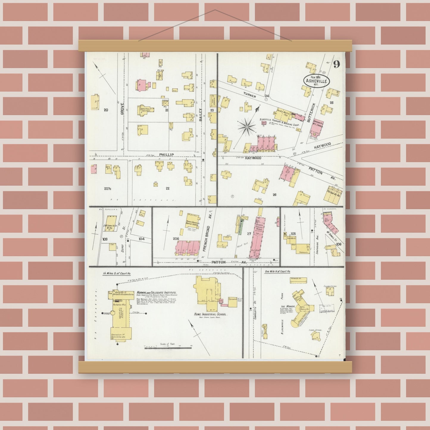 Old map wall art mockup — magnetic wood frame on brick wall — Sanborn Fire Insurance Map from Asheville, Buncombe County, North Carolina (1901), Sheet #0009