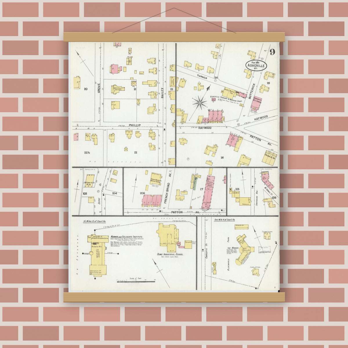 Old map wall art mockup — magnetic wood frame on brick wall — Sanborn Fire Insurance Map from Asheville, Buncombe County, North Carolina (1901), Sheet #0009