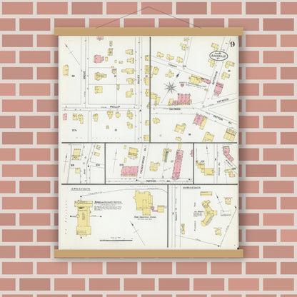 Old map wall art mockup — magnetic wood frame on brick wall — Sanborn Fire Insurance Map from Asheville, Buncombe County, North Carolina (1901), Sheet #0009