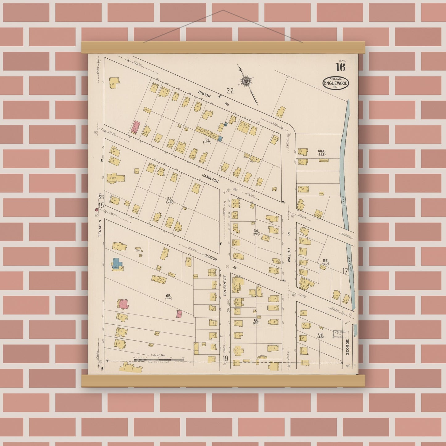 Old map wall art mockup — magnetic wood frame on brick wall — Sanborn Fire Insurance Map from Englewood, Bergen County, New Jersey (1922), Sheet #0016