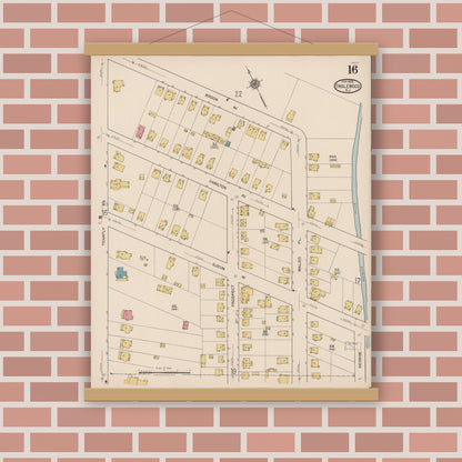 Old map wall art mockup — magnetic wood frame on brick wall — Sanborn Fire Insurance Map from Englewood, Bergen County, New Jersey (1922), Sheet #0016