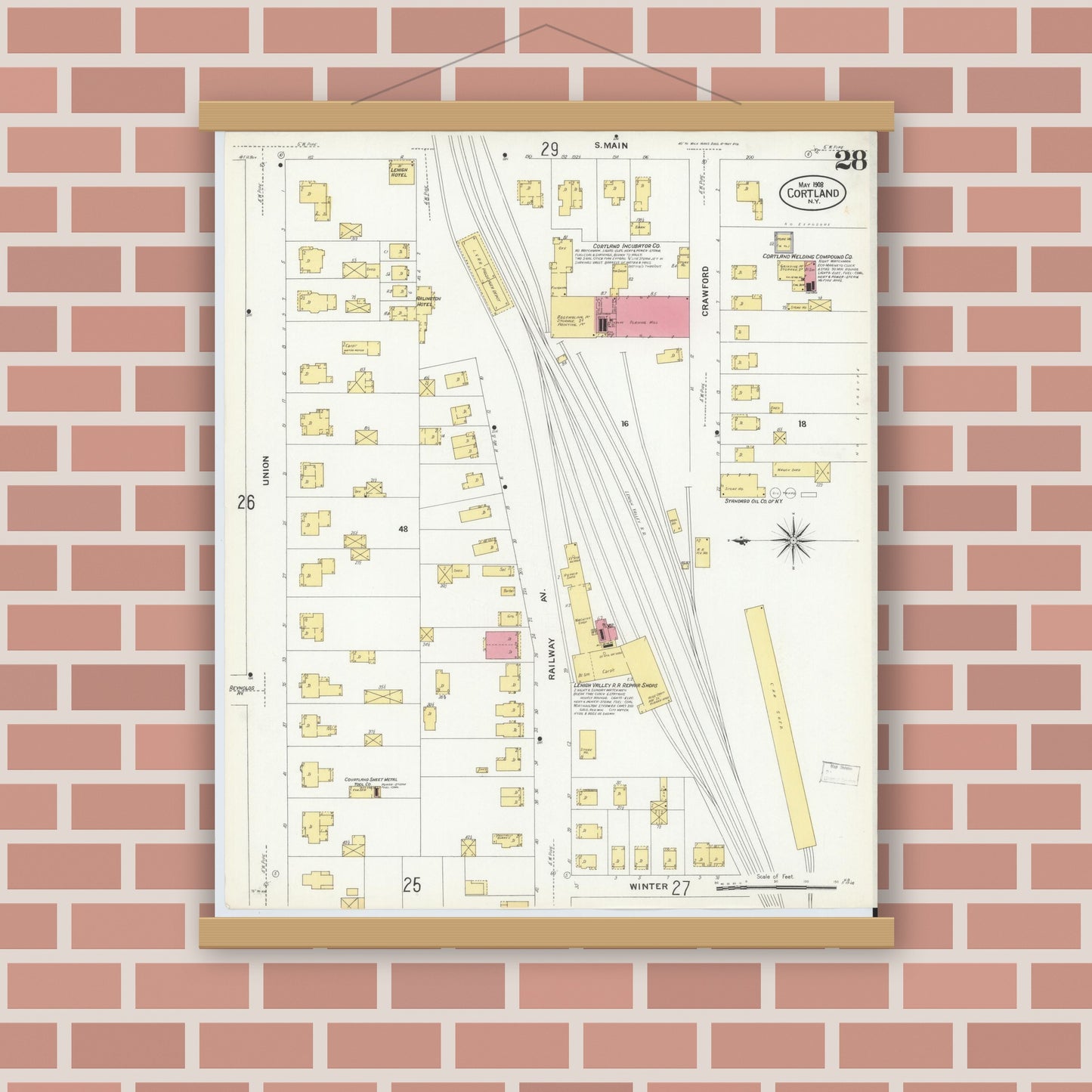 Old map wall art mockup — magnetic wood frame on brick wall — Sanborn Fire Insurance Map from Cortland, Cortland County, New York (1908), Sheet #0028