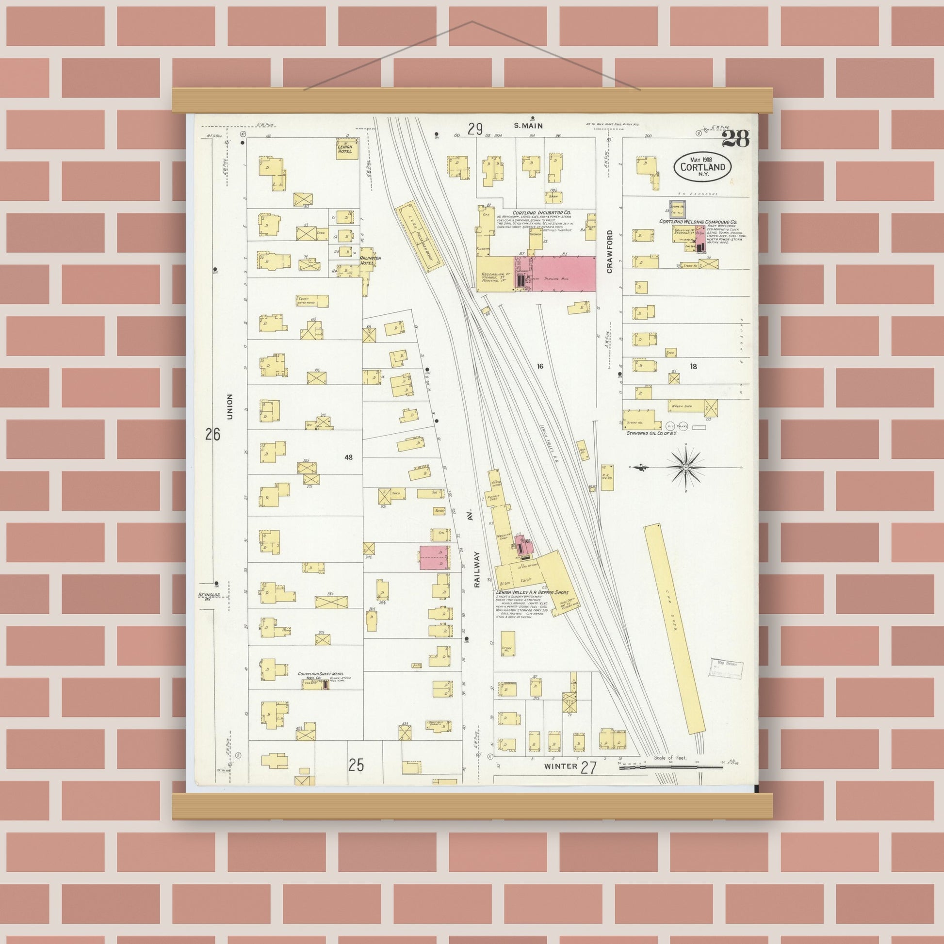 Old map wall art mockup — magnetic wood frame on brick wall — Sanborn Fire Insurance Map from Cortland, Cortland County, New York (1908), Sheet #0028