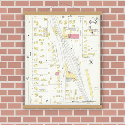 Old map wall art mockup — magnetic wood frame on brick wall — Sanborn Fire Insurance Map from Cortland, Cortland County, New York (1908), Sheet #0028
