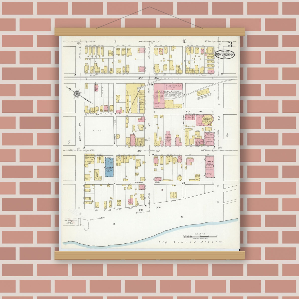 Old map wall art mockup — magnetic wood frame on brick wall — Sanborn Fire Insurance Map from New Brighton, Beaver County, Pennsylvania (1918), Sheet #0003