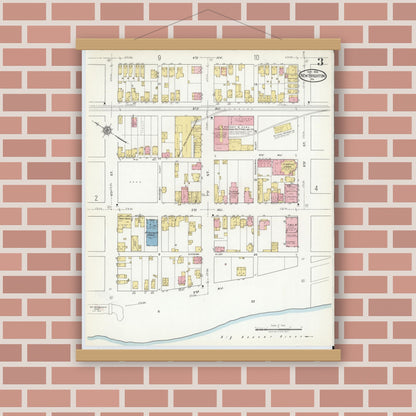 Old map wall art mockup — magnetic wood frame on brick wall — Sanborn Fire Insurance Map from New Brighton, Beaver County, Pennsylvania (1918), Sheet #0003