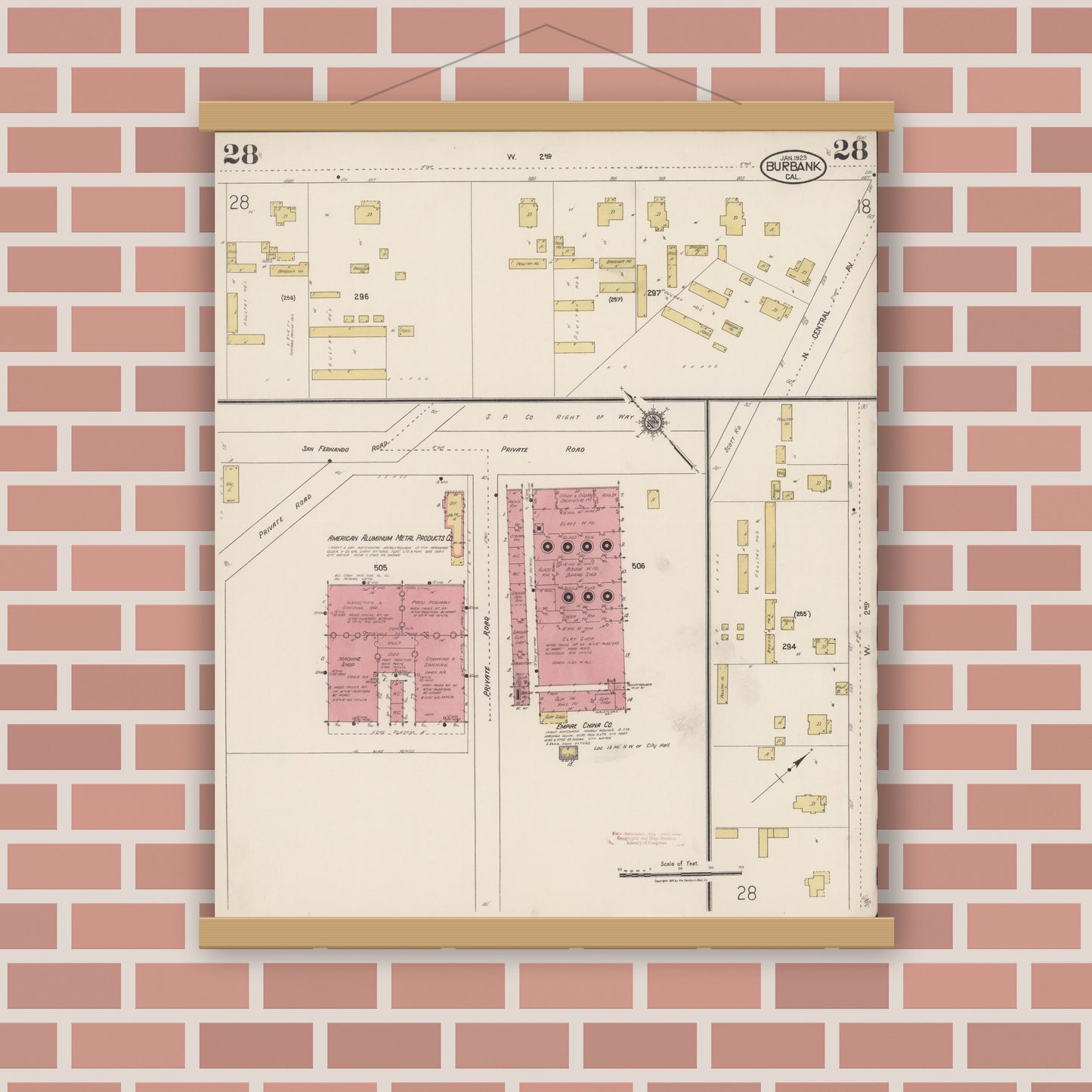Old map wall art mockup — magnetic wood frame on brick wall — Sanborn Fire Insurance Map from Burbank, Los Angeles County, California (1923), Sheet #0028