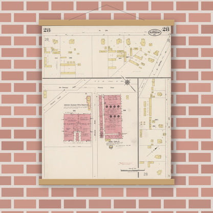 Old map wall art mockup — magnetic wood frame on brick wall — Sanborn Fire Insurance Map from Burbank, Los Angeles County, California (1923), Sheet #0028