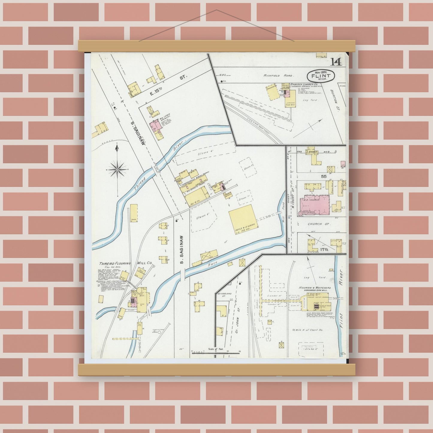 Old map wall art mockup — magnetic wood frame on brick wall — Sanborn Fire Insurance Map from Flint, Genesee County, Michigan (1892), Sheet #0014
