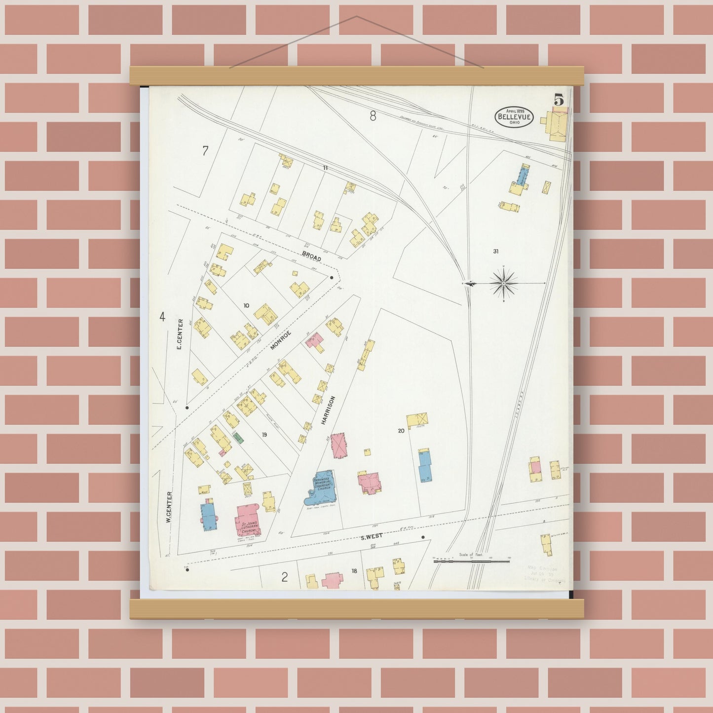 Old map wall art mockup — magnetic wood frame on brick wall — Sanborn Fire Insurance Map from Bellevue, Huron And Sandusky County, Ohio (1899), Sheet #0005