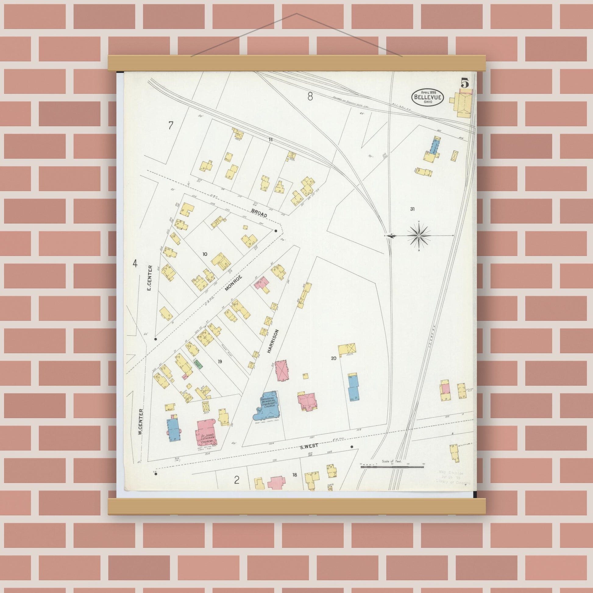 Old map wall art mockup — magnetic wood frame on brick wall — Sanborn Fire Insurance Map from Bellevue, Huron And Sandusky County, Ohio (1899), Sheet #0005