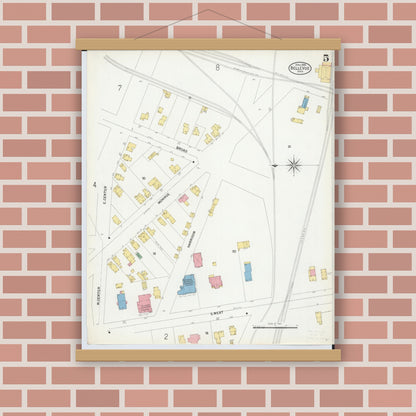 Old map wall art mockup — magnetic wood frame on brick wall — Sanborn Fire Insurance Map from Bellevue, Huron And Sandusky County, Ohio (1899), Sheet #0005