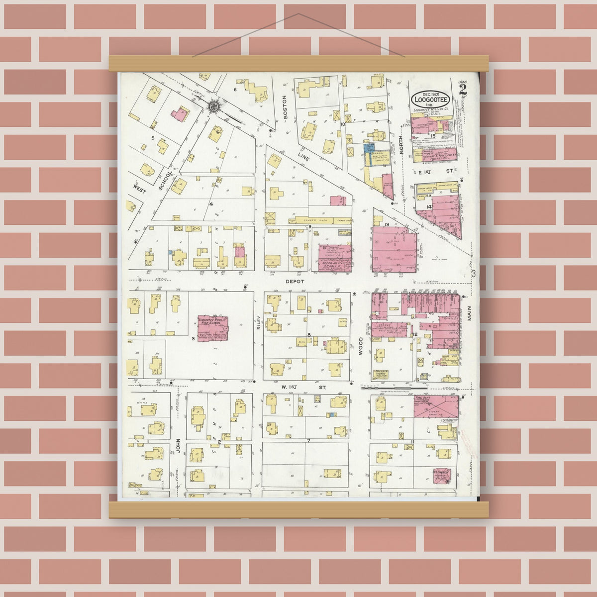 Old map wall art mockup — magnetic wood frame on brick wall — Sanborn Fire Insurance Map from Loogootee, Martin County, Indiana (1920), Sheet #0002