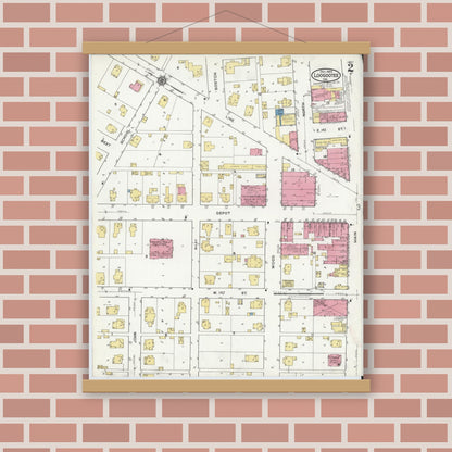 Old map wall art mockup — magnetic wood frame on brick wall — Sanborn Fire Insurance Map from Loogootee, Martin County, Indiana (1920), Sheet #0002