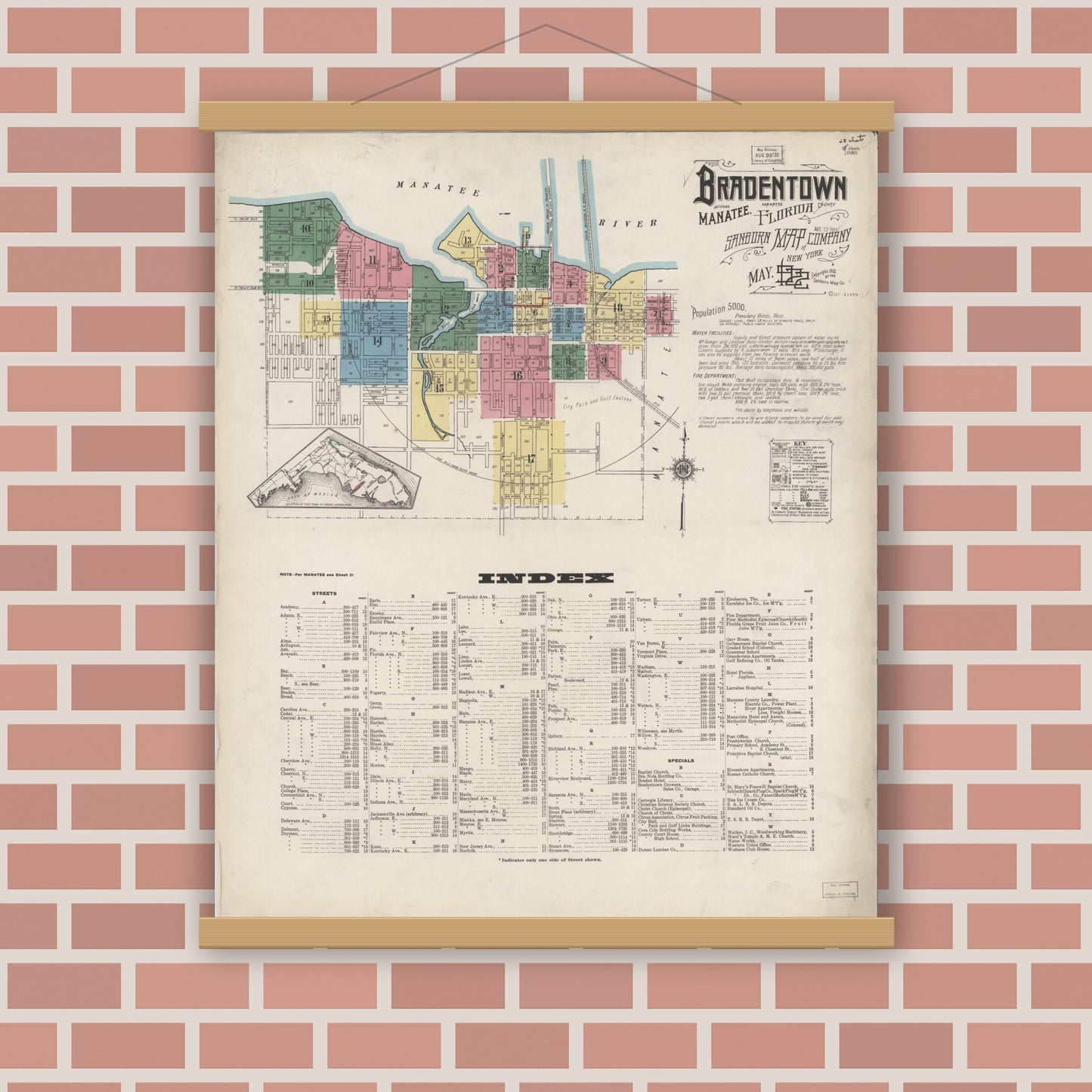 Old map wall art mockup — magnetic wood frame on brick wall — Sanborn Fire Insurance Map from Bradentown, Manatee County, Florida (1922), Sheet #0001