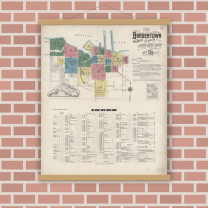 Old map wall art mockup — magnetic wood frame on brick wall — Sanborn Fire Insurance Map from Bradentown, Manatee County, Florida (1922), Sheet #0001