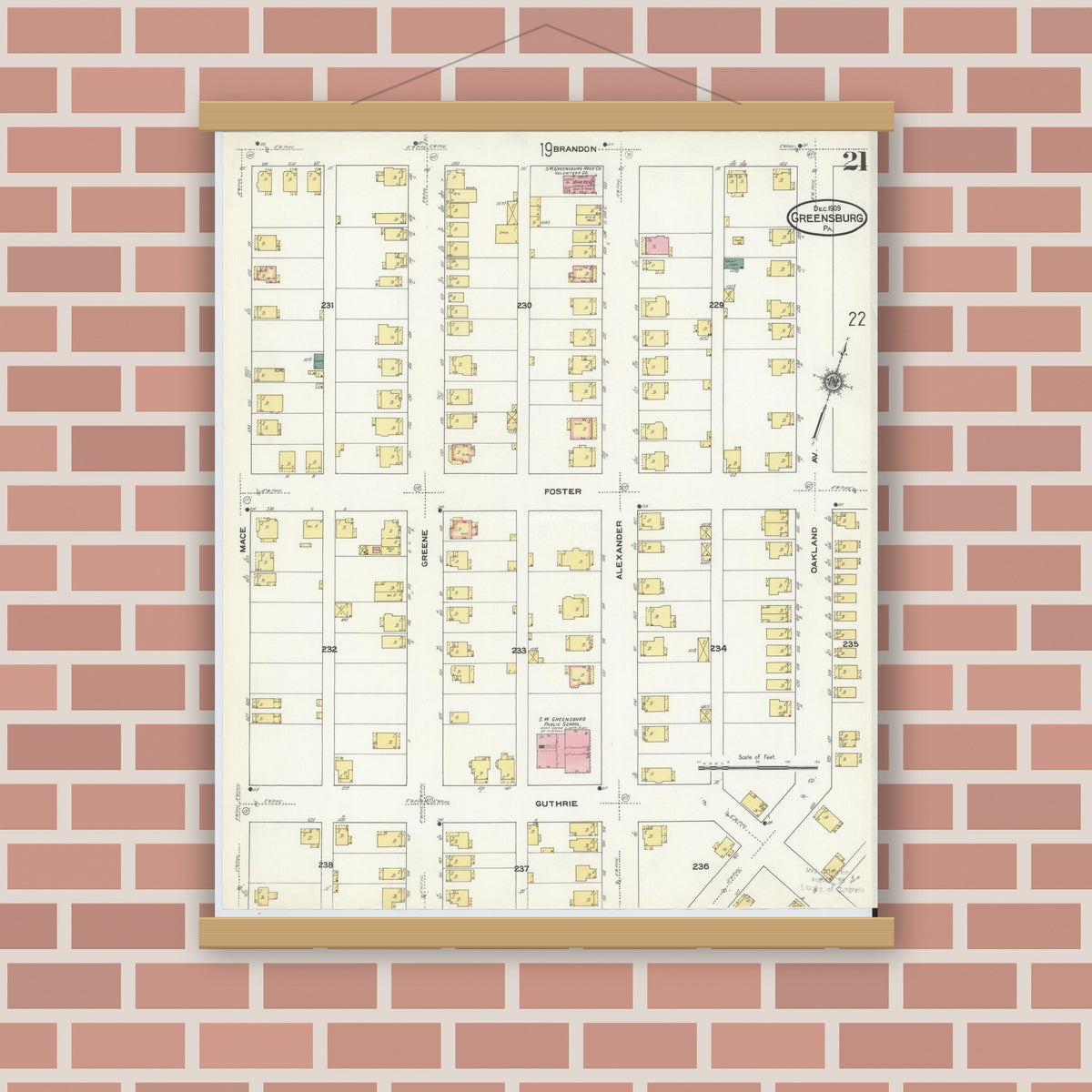Old map wall art mockup — magnetic wood frame on brick wall — Sanborn Fire Insurance Map from Greensburg, Westmoreland County, Pennsylvania (1909), Sheet #0021