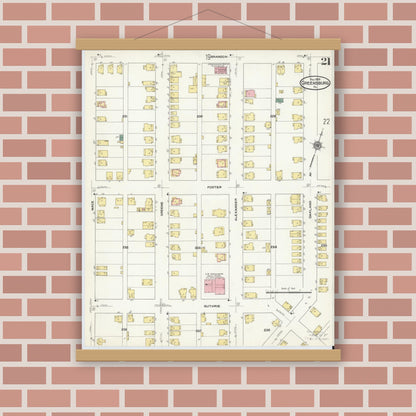 Old map wall art mockup — magnetic wood frame on brick wall — Sanborn Fire Insurance Map from Greensburg, Westmoreland County, Pennsylvania (1909), Sheet #0021